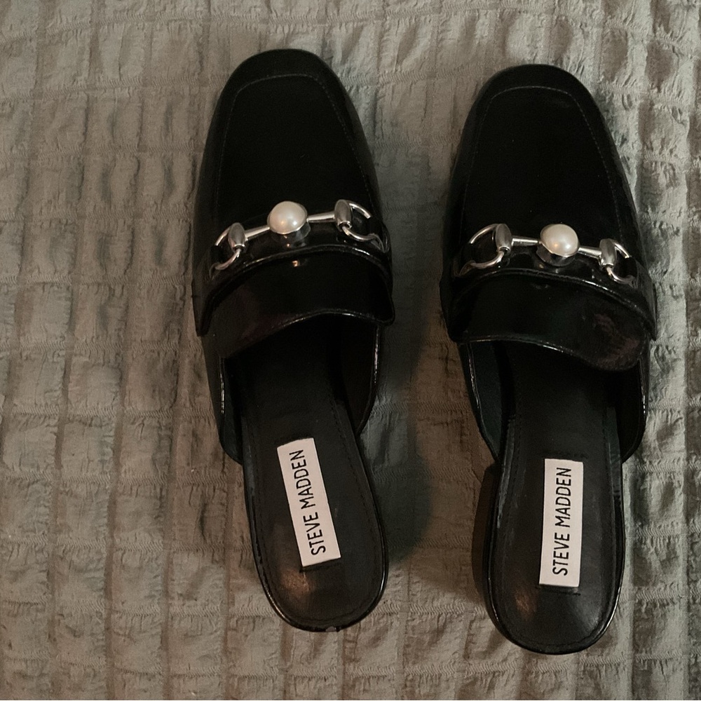 Black Patent Leather Loafers with Silver Accents